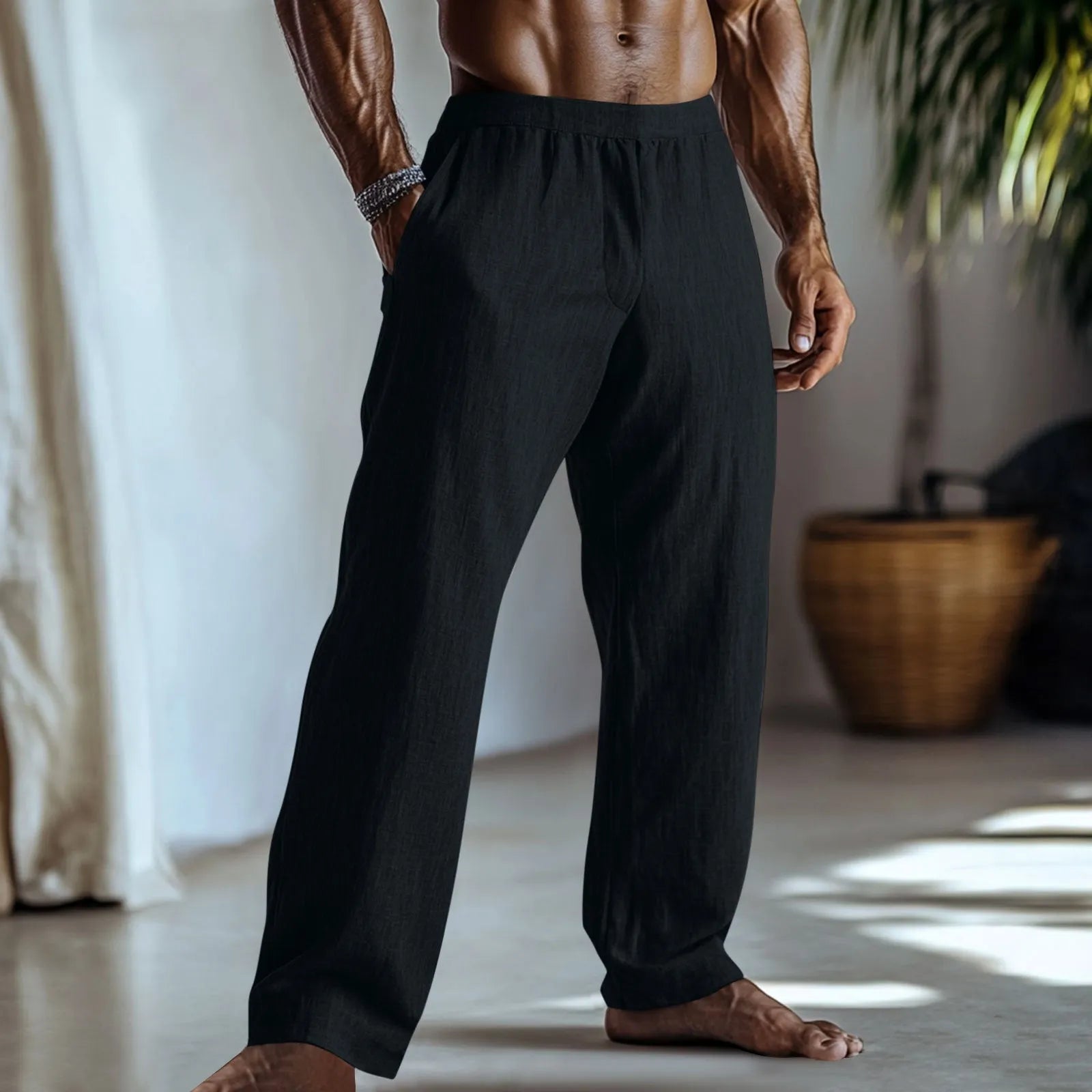 Straight-leg casual trousers in cotton and linen fabric, shown in light green colour with visible pockets.
