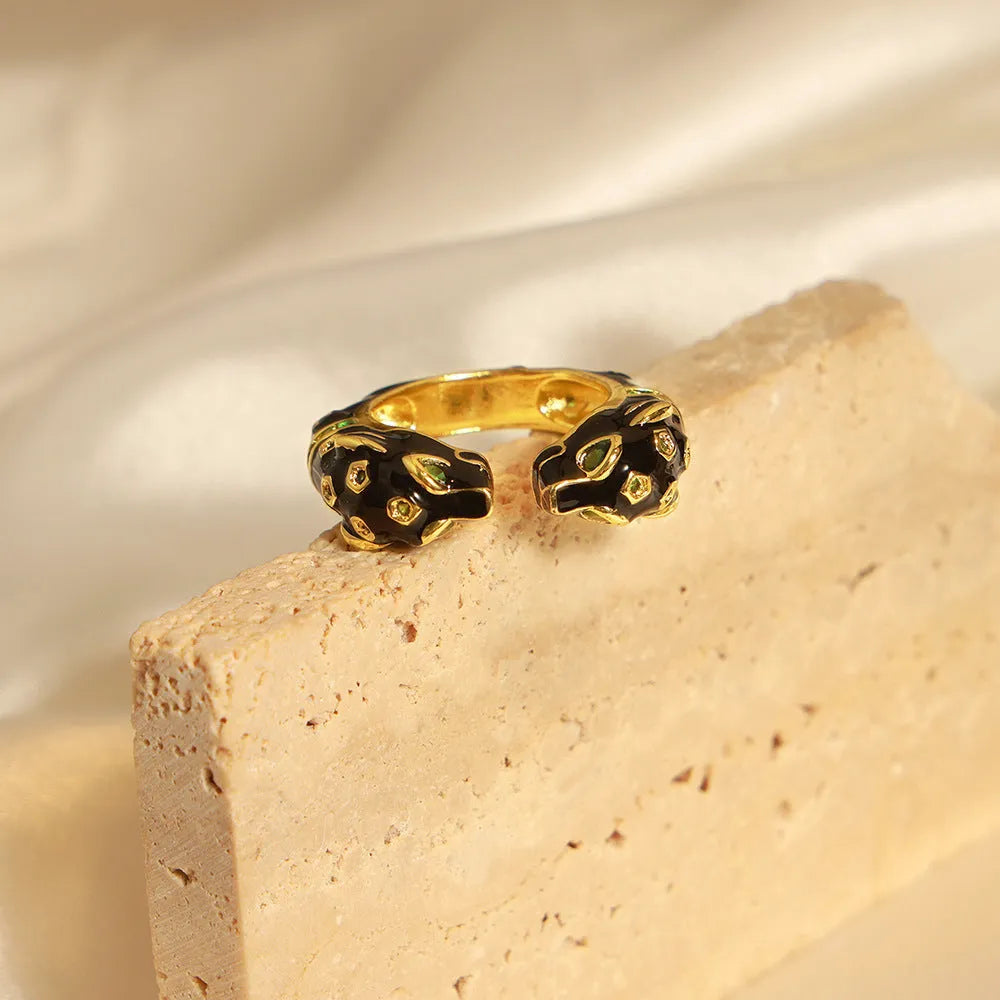 Copper women's open ring with black cheetah pattern geometric design size No.7