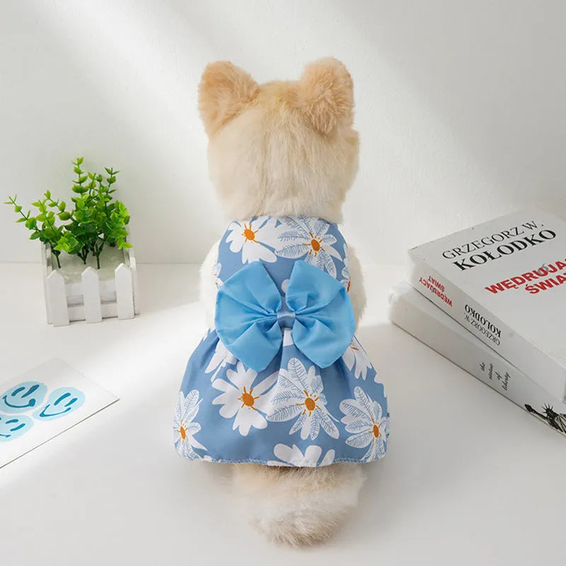 Ultra-thin polyester pet dress with floral butterfly knot and bow decoration for dogs and cats