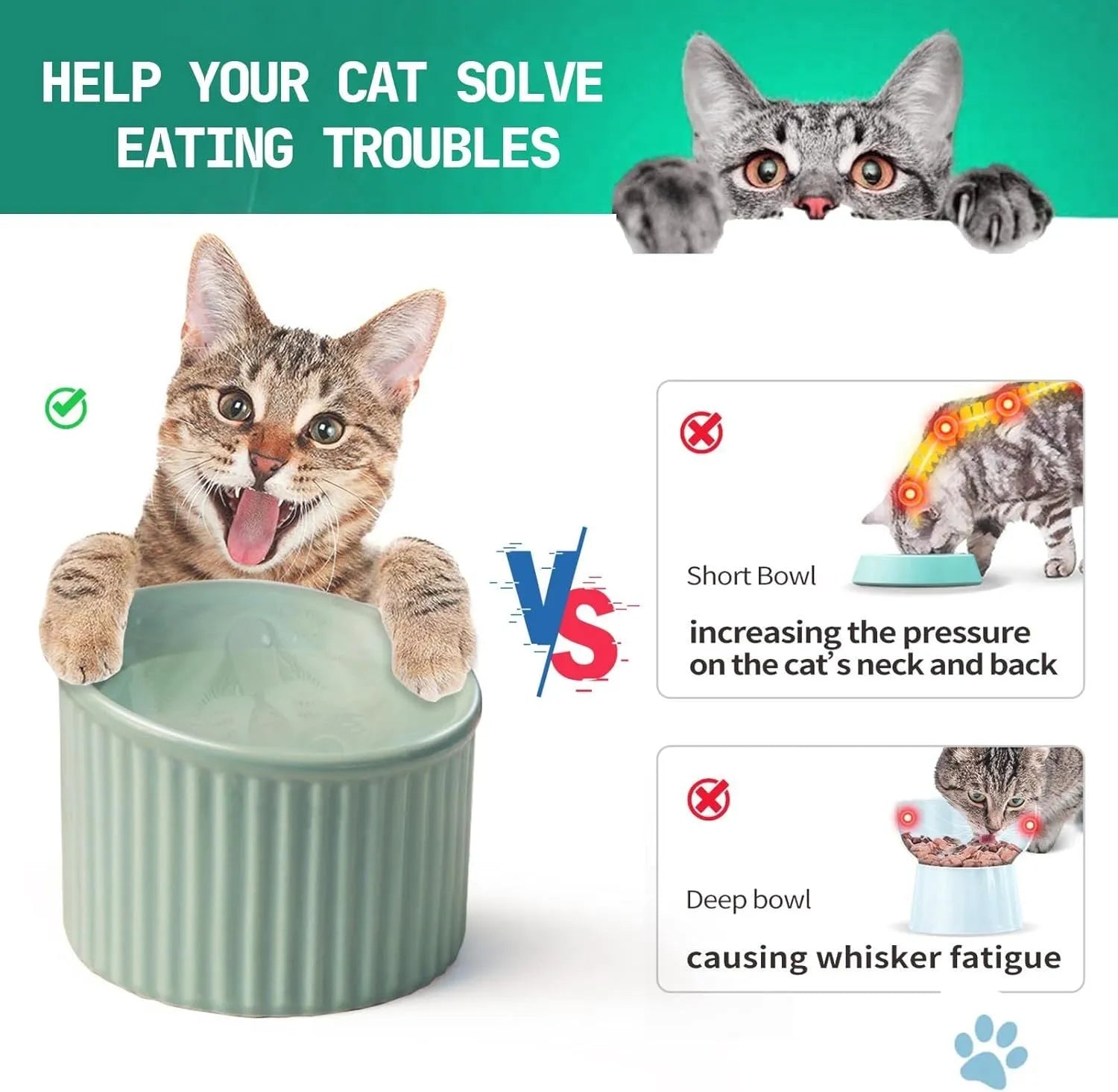 Ceramic elevated cat bowl in light green, showing its tilted, round shape and raised design on a table.
