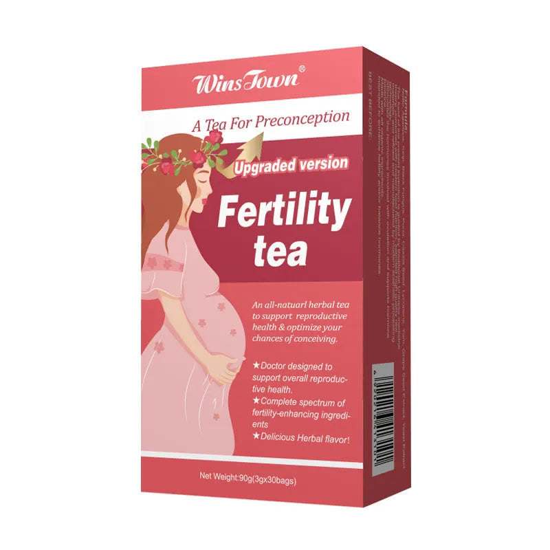 Box of fertility tea containing 3 packs of 30 herbal tea bags each for reproductive support