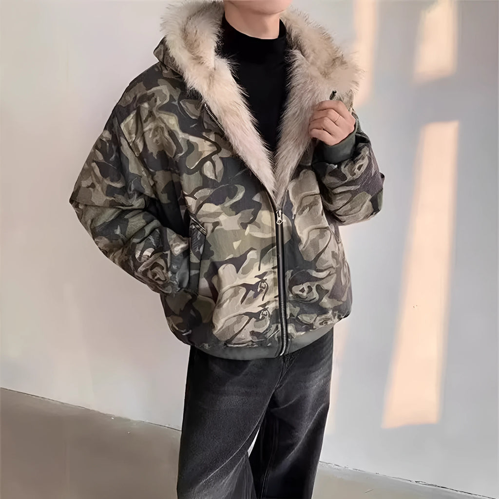 Men's retro washed camouflage fur collar hood jacket with cotton filling, loose fit, polyester outer