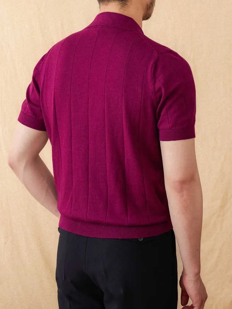 Men's cotton and linen blend polo shirt with sunken stripe pattern and seagull collar in multiple colour options