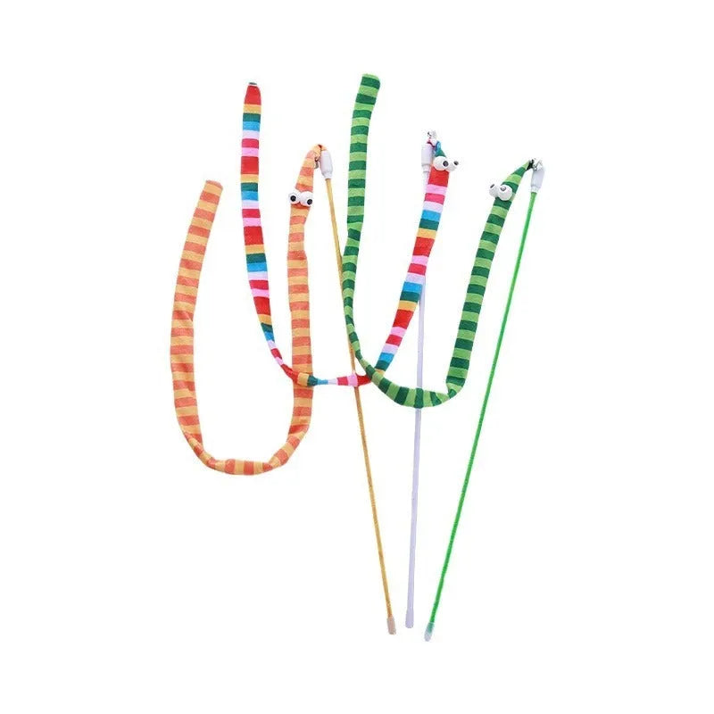 Cat wand toy with colourful plush strip attached to polycarbonate pole, shown in green colour option
