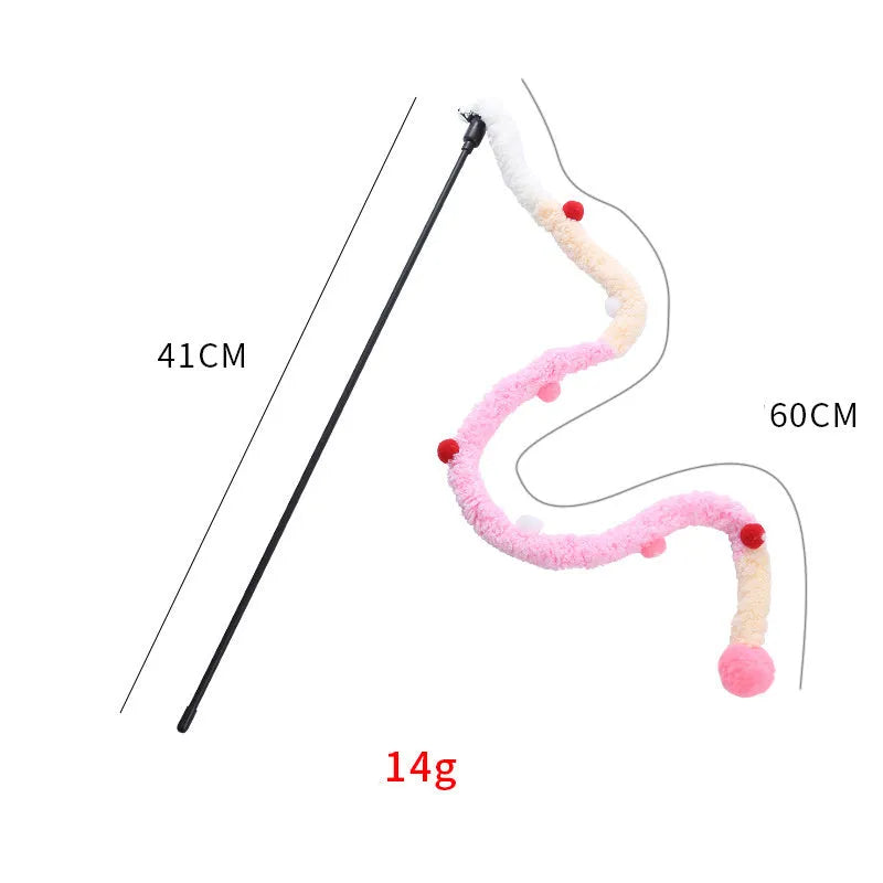 Interactive cat wand toy with colourful plush strip and bell attachment for indoor play