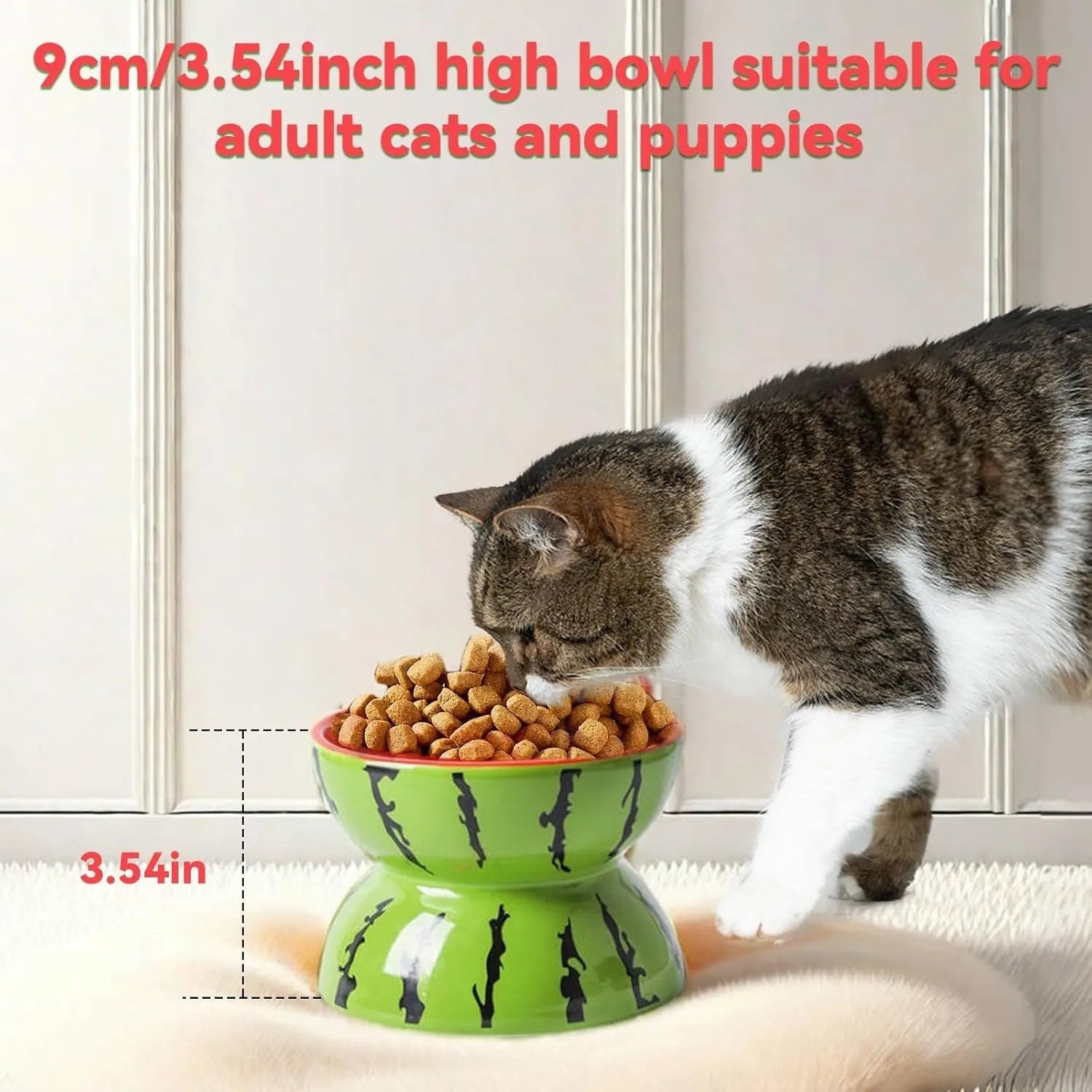 Orange patterned ceramic elevated cat bowl on a white surface