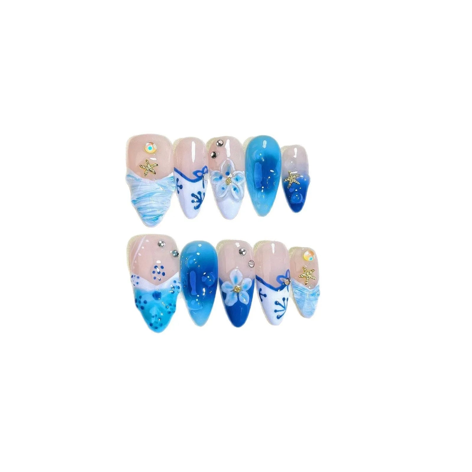 Blue hand-painted carved summer ice transparent plastic fake nails showing carved texture and transparent quality