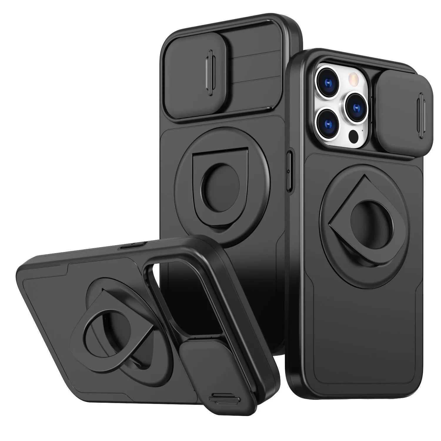Phone case with sliding window magnetic ring and rotating bracket for Apple iPhone, shockproof PC TPU, black colour