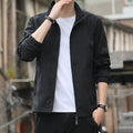Korean-style loose fit lapel jacket for men in a blue colour, shown with zipper and pocket details.