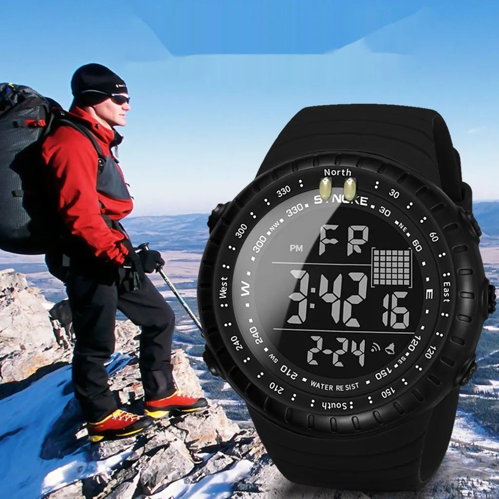Black outdoor electronic watch for men with large dial and PU strap showing 50m waterproof rating
