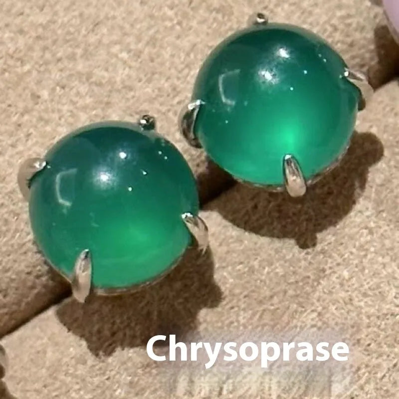 Round egg surface chalcedony earrings with four-claw setting in Chinese national fashion retro style