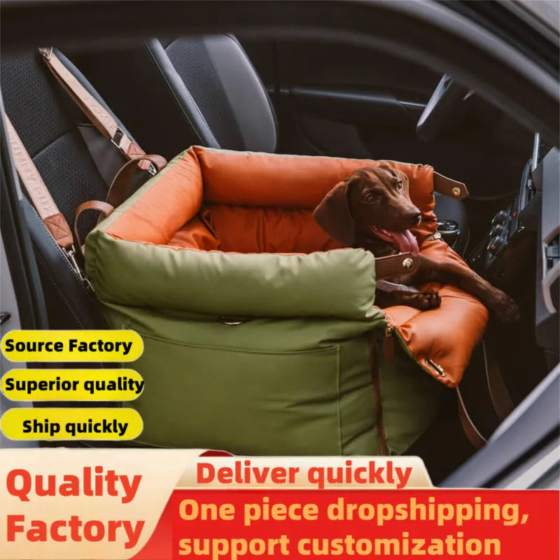 Green waterproof PU dog car nest with removable cover, shown on a car seat, dimensions 55x50x45cm.