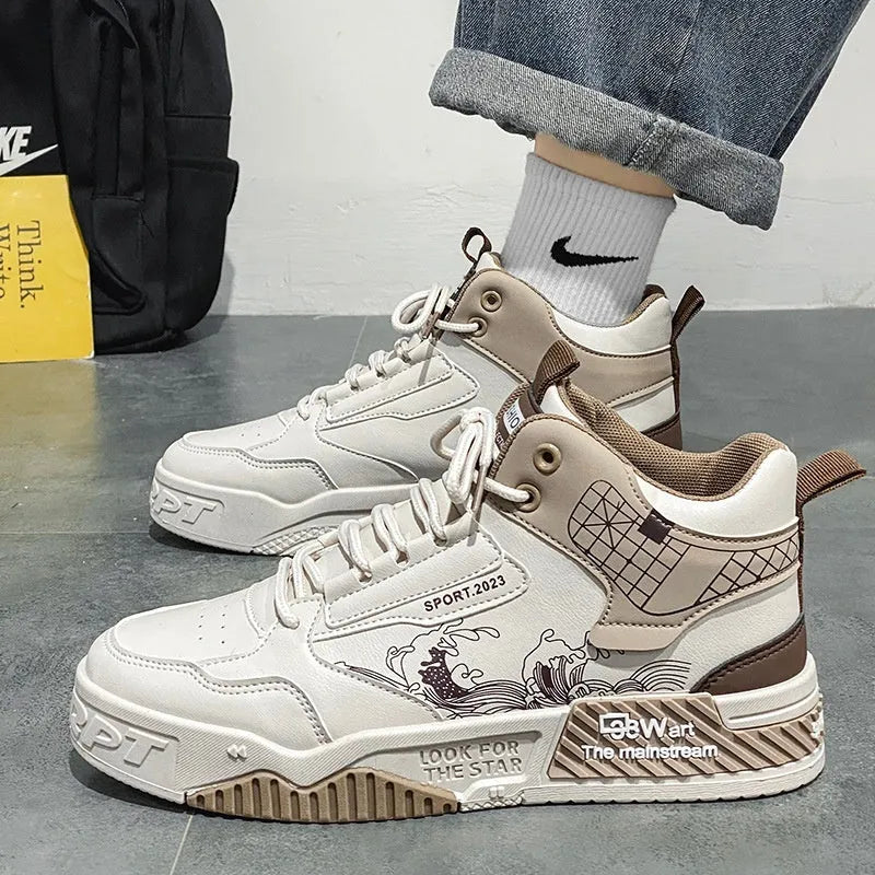 Men's high-top board shoes in beige, white and blue colours with mesh lining and rubber sole