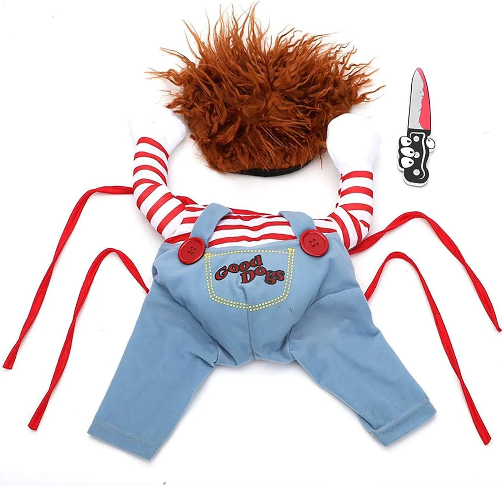 Striped Halloween costume harness pants for a dog or cat with matching accessory, shown with a sizing chart.
