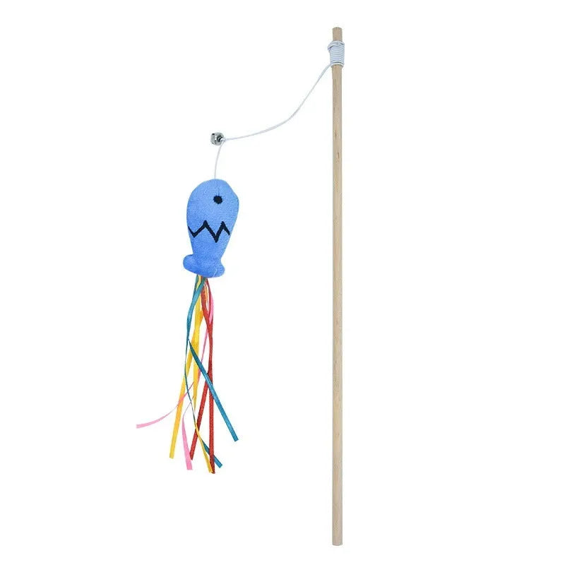 Colourful cat wand toy with ribbons, catnip fish, and bell on wooden handle