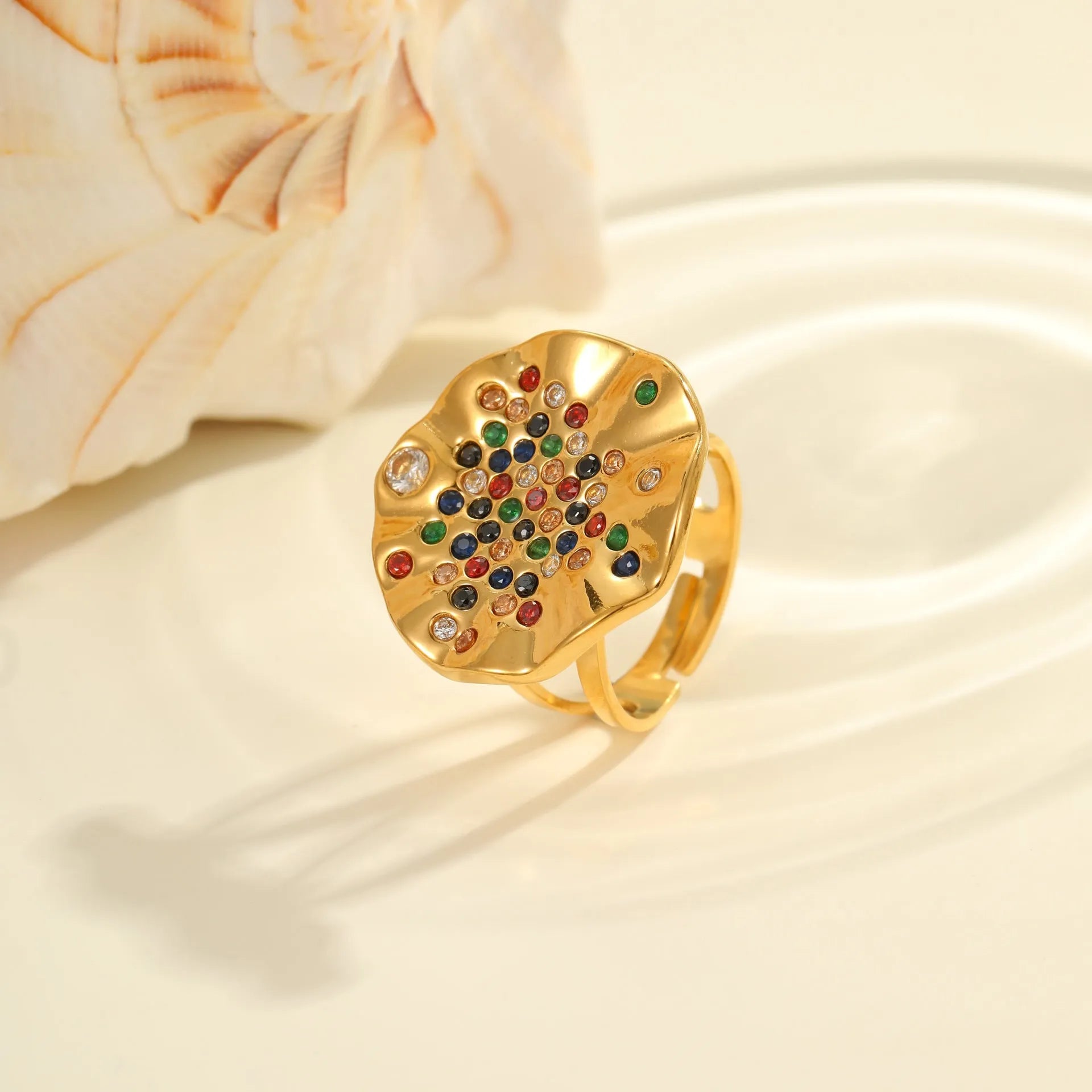 Pleated geometric titanium steel ring with crystal inlays and open mouth adjustable design
