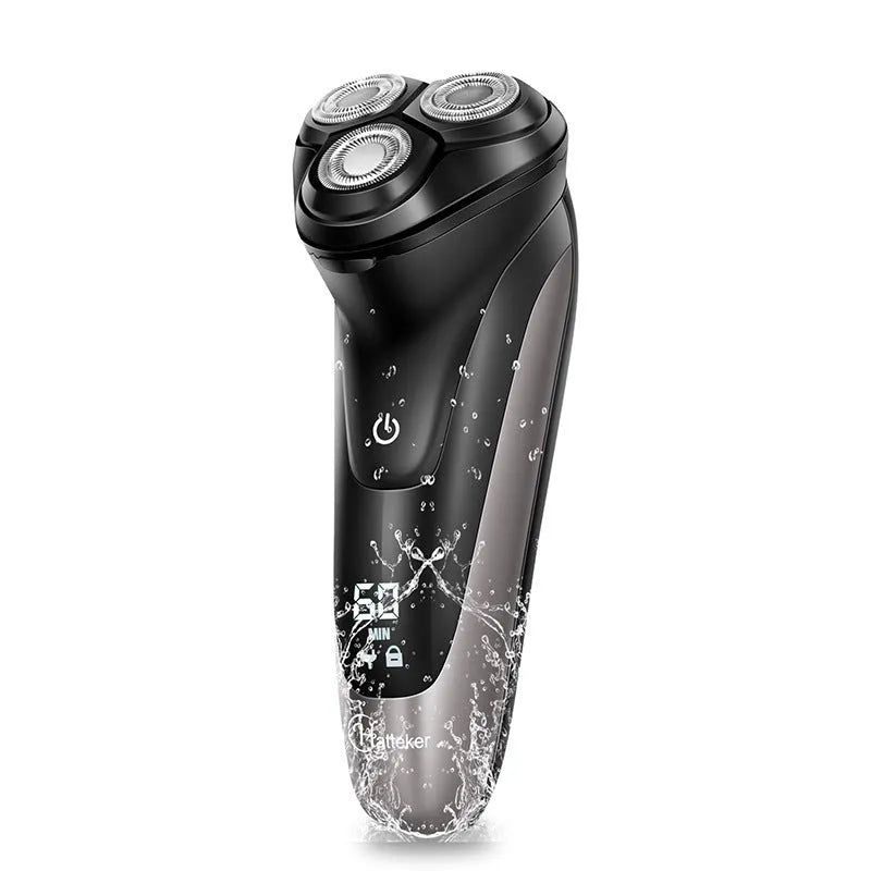 Men's electric shaver with three rotating floating heads and LED display shown with USB cable and grooming accessories.