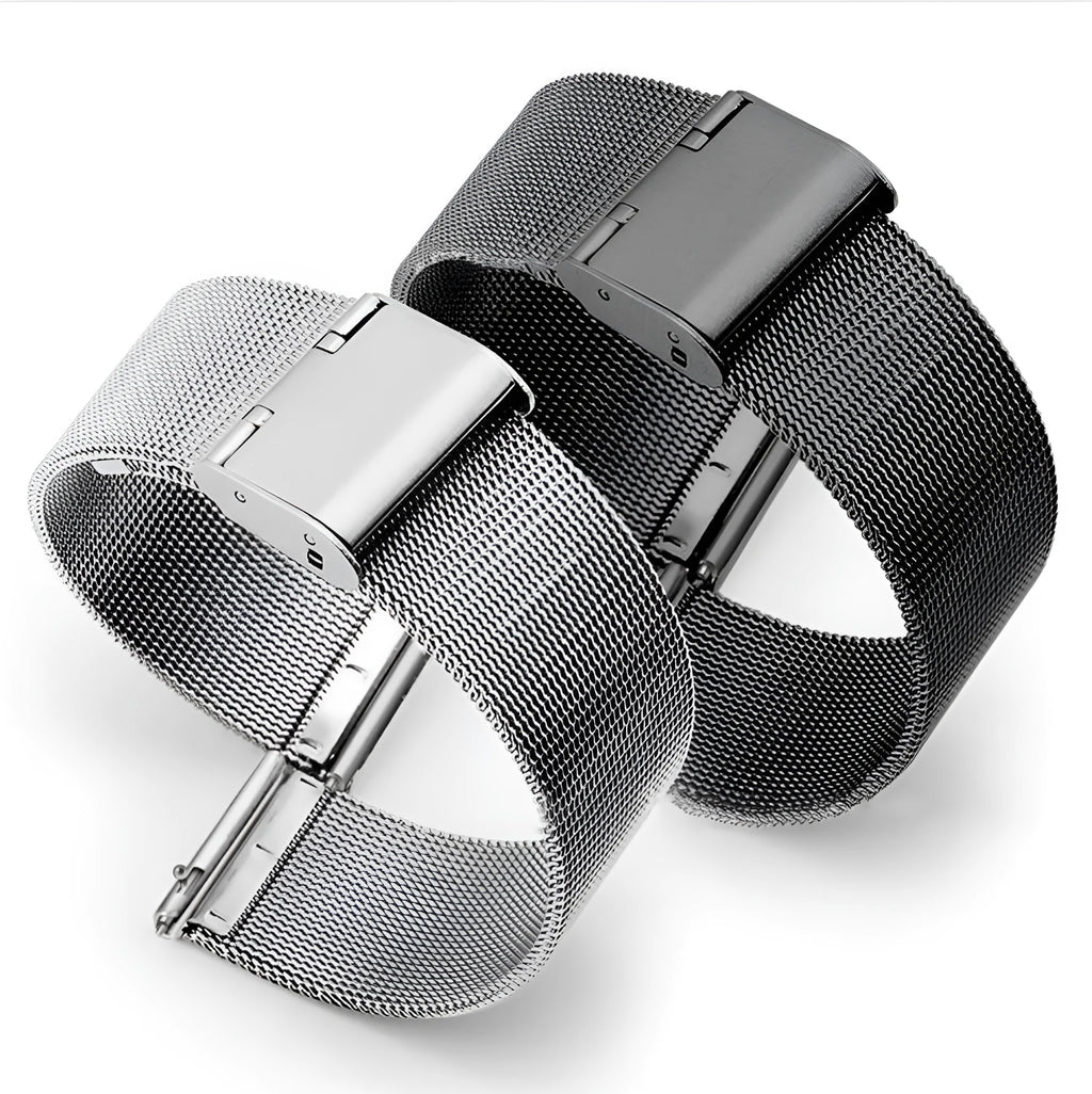 Milani silk woven stainless steel watch band replacement strap showing metallic colour finishes and different width sizes