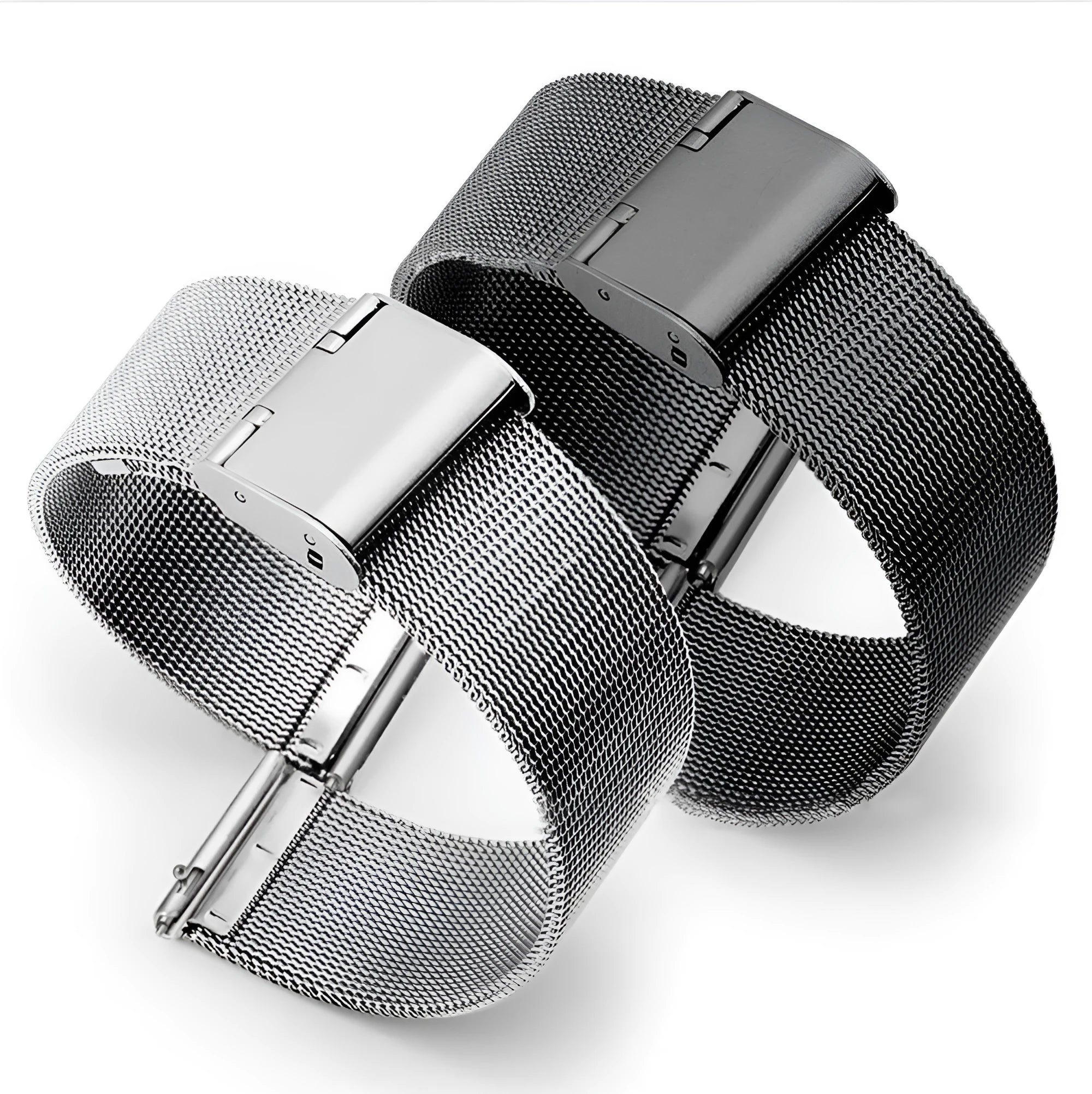 Milani silk woven stainless steel watch band replacement strap showing metallic colour finishes and different width sizes