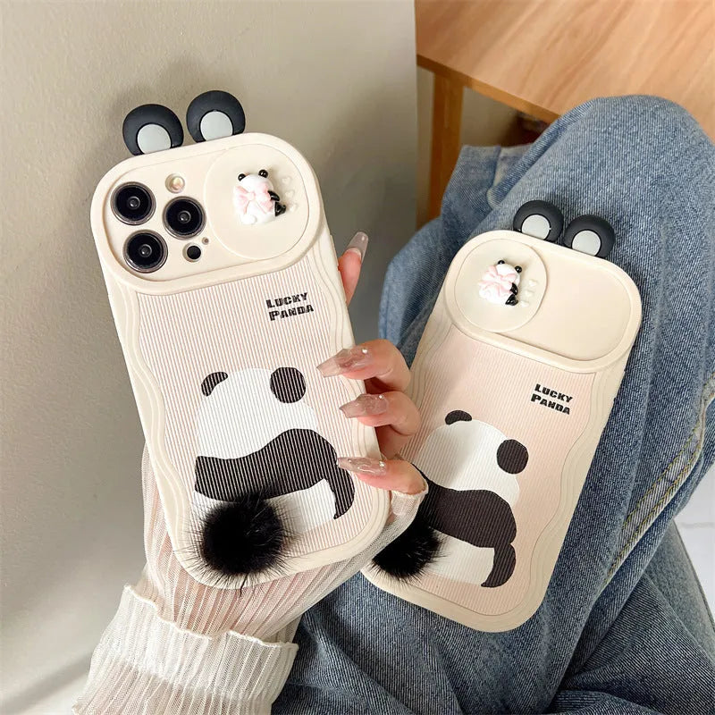 Furry panda phone case with hand-woven tail, soft silicone, for Apple iPhone