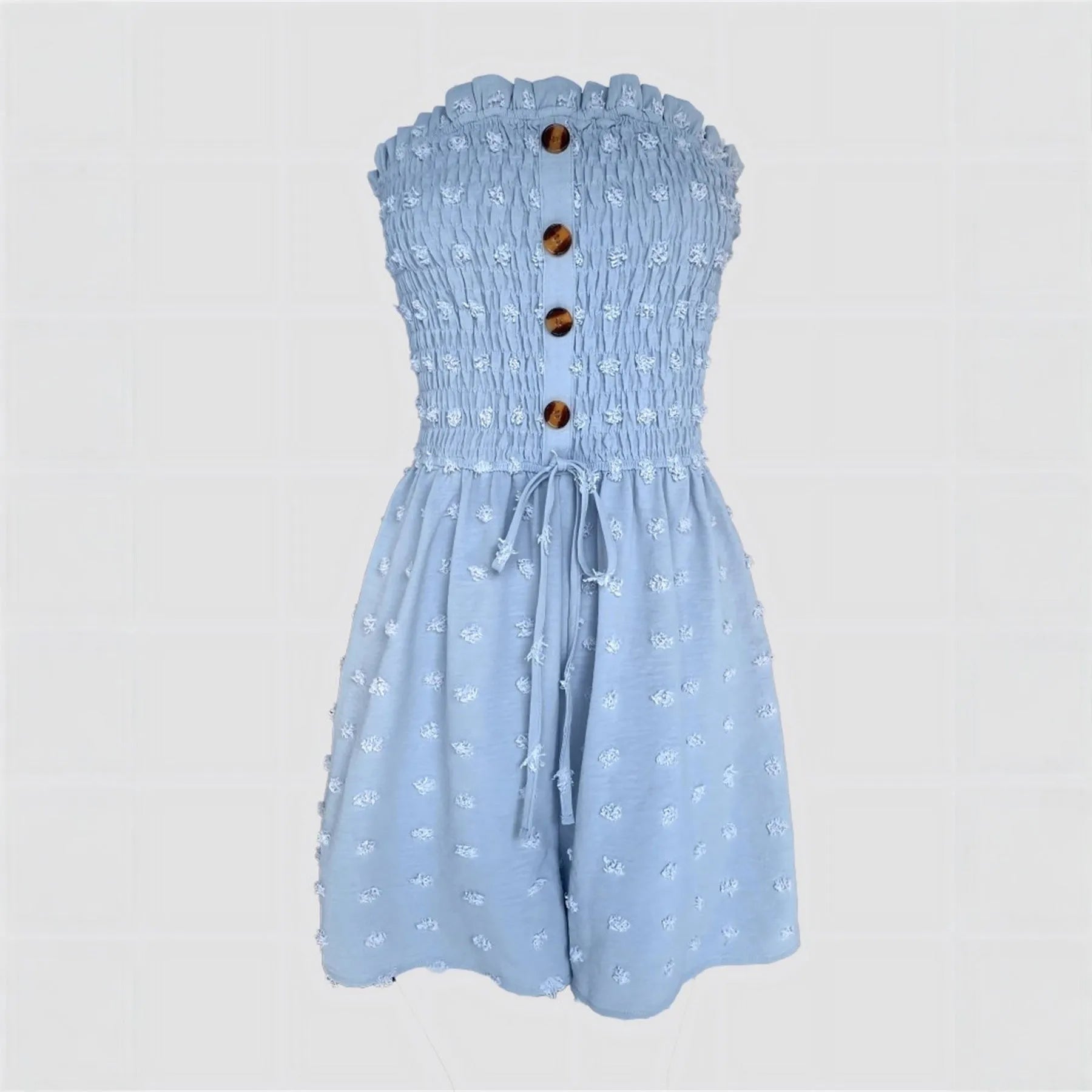 Women's solid colour off-shoulder jumpsuit in polyester fabric showing sleeveless design and mid waist fit