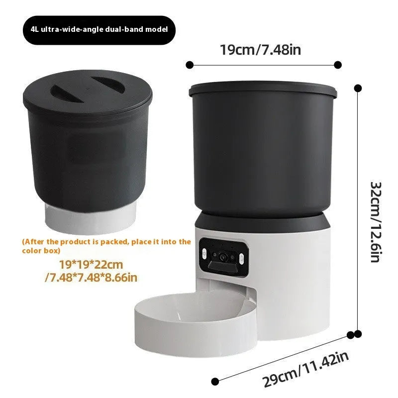 4L smart pet feeder for cats and dogs with WiFi app control and optional camera on a wooden floor.