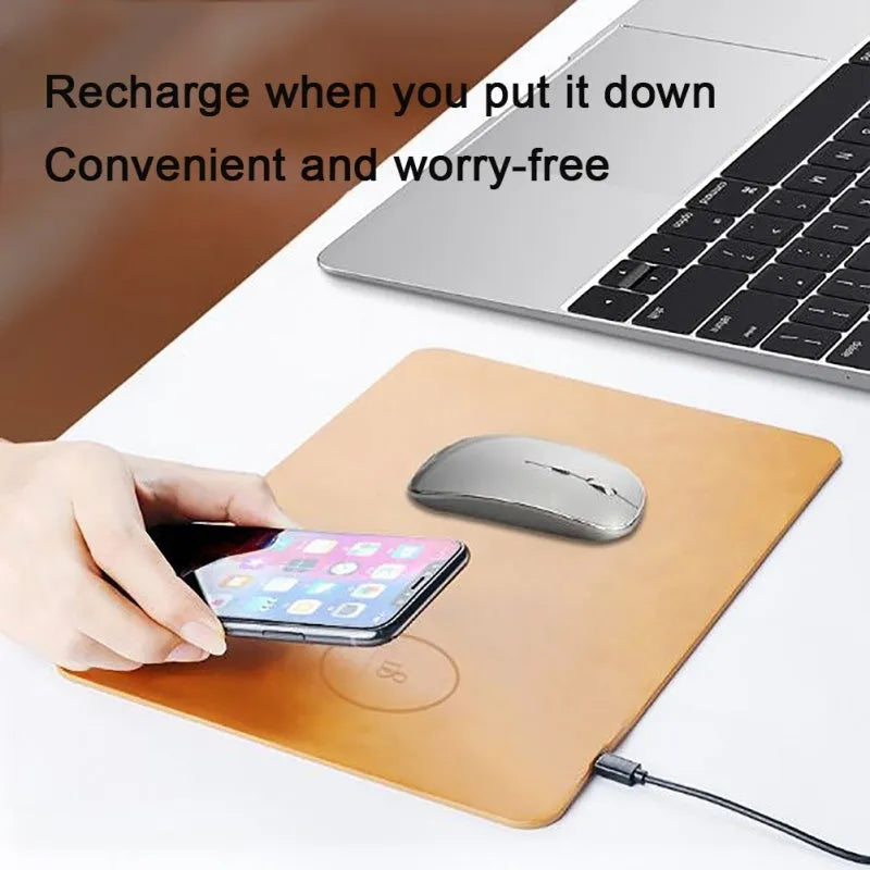 Brown PU leather wireless charging mouse pad with micro USB cable