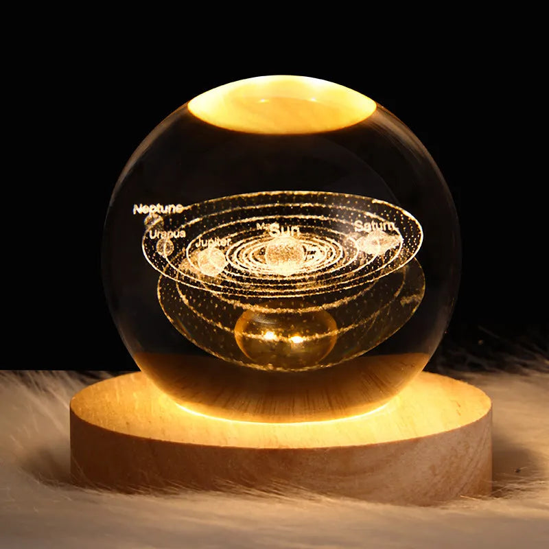 3D crystal ball night lamp with starry sky planets and moon projection on wooden base