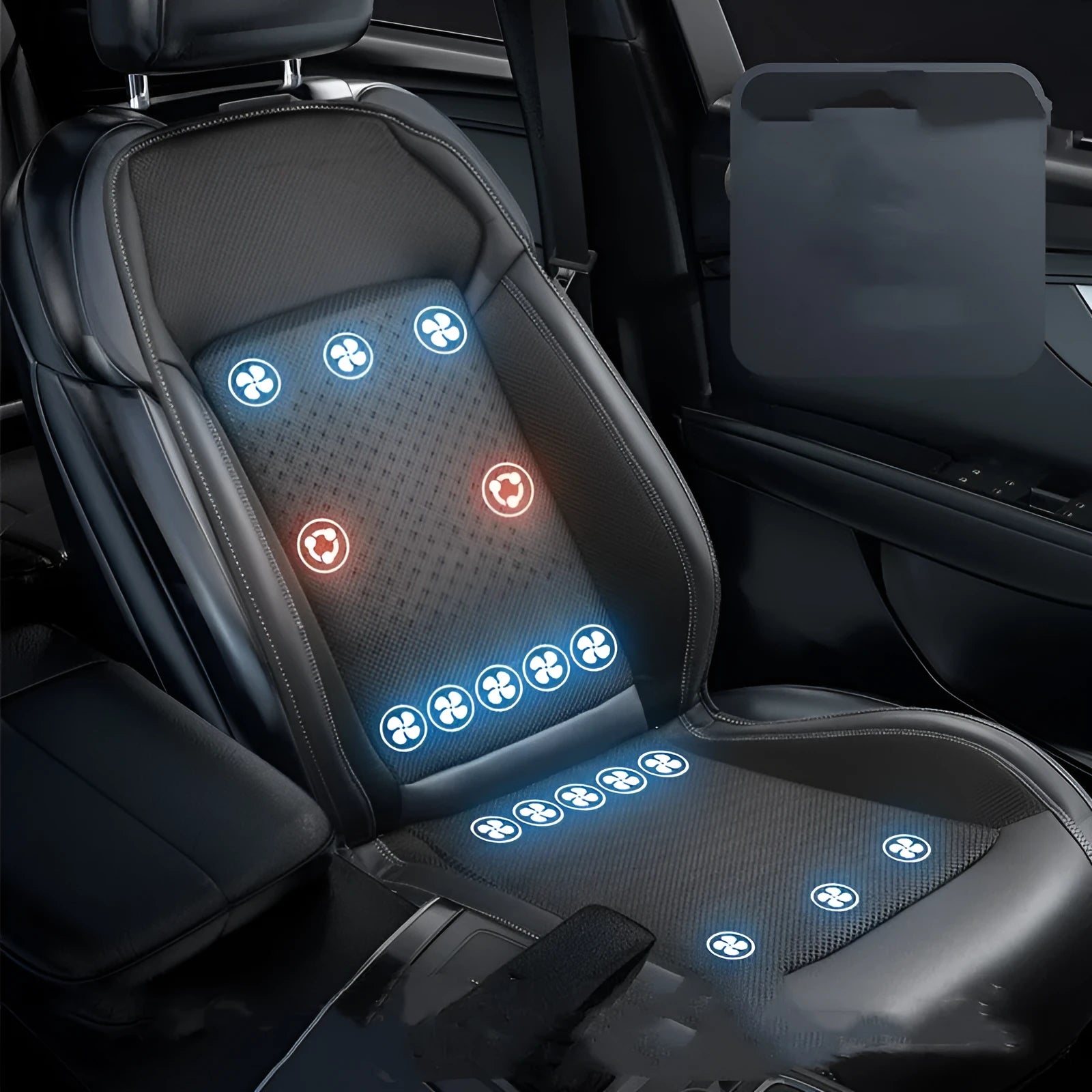 Car seat cooling pad with solid colour design showing USB and 12V power connections