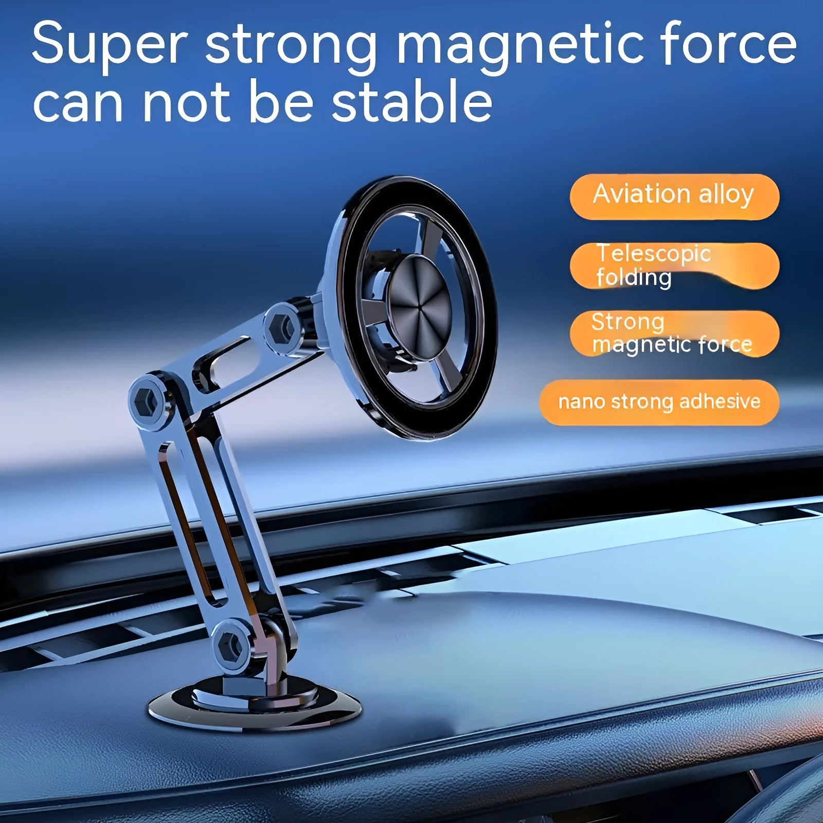 All-metal magnetic car phone holder in black, mounted on a car dashboard, holding a mobile phone.