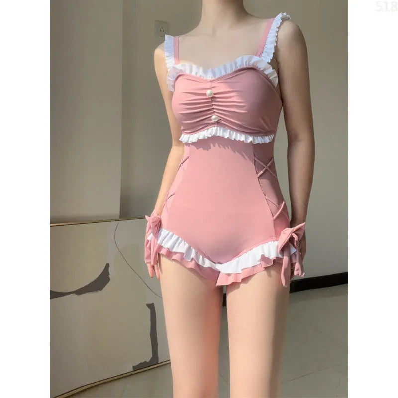 Women's milk silk one-piece sleeveless swimsuit in solid pink or blue colour for sun protection