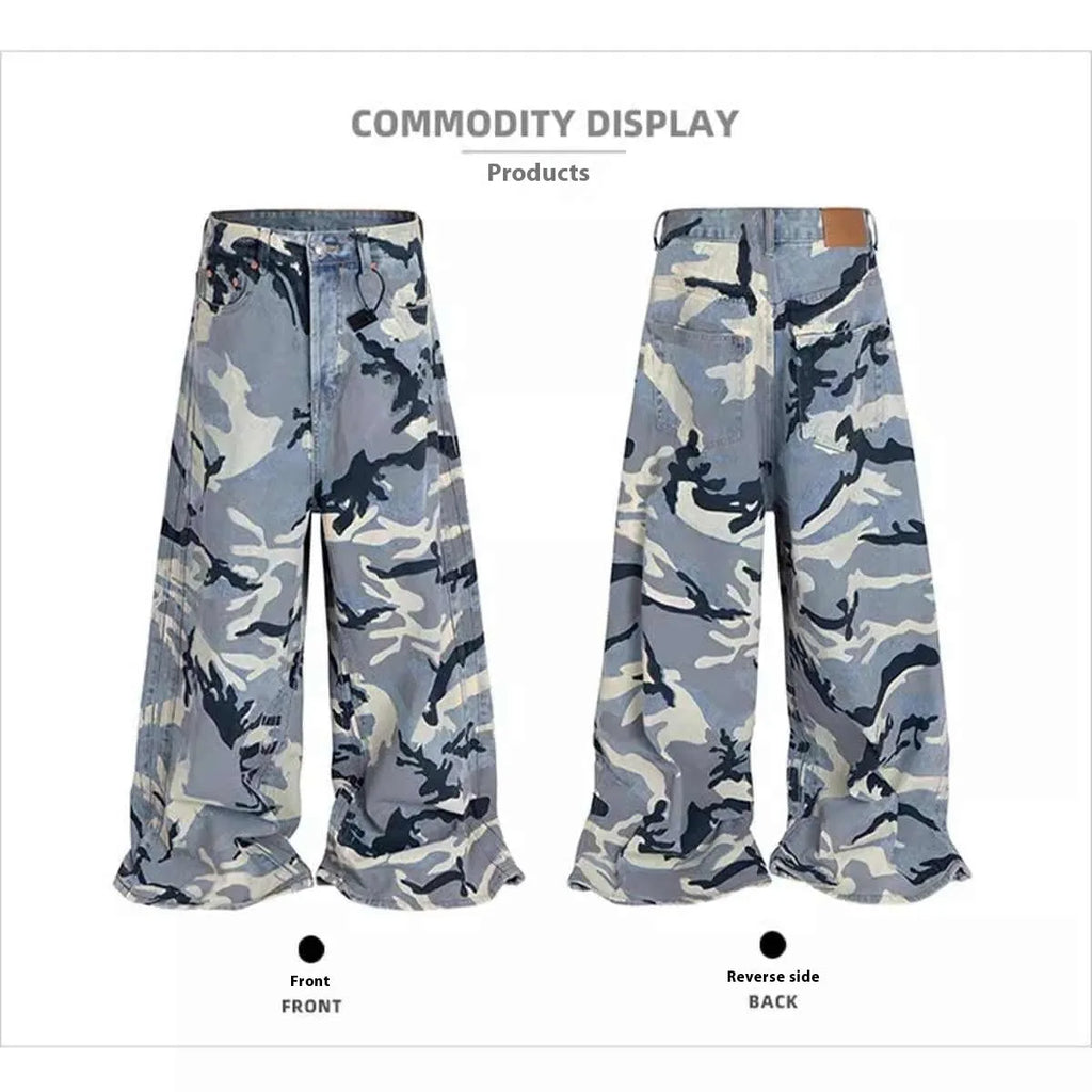 Snow camouflage blue loose fit jeans showing front and back views with mid waist design