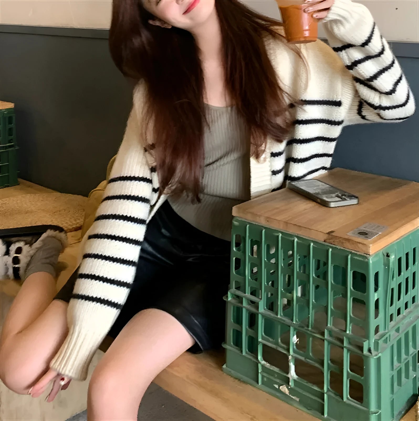 Collar button cardigan with 3D pattern in pictured colour showing Japanese Korean casual style