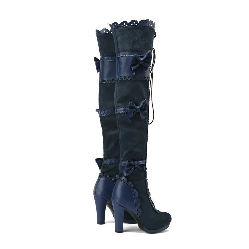 Women's high heel lace strap boots in black artificial PU with round toe and lace-up front