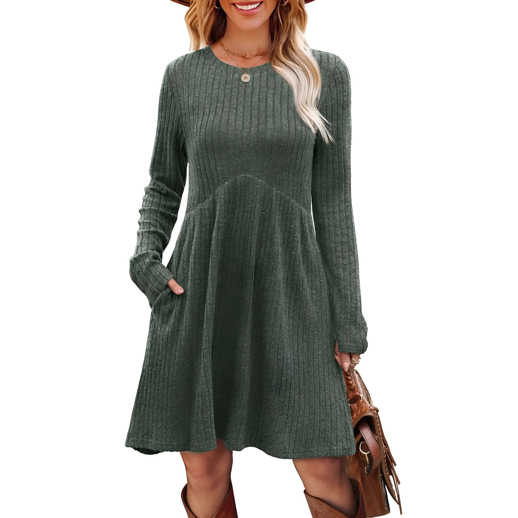 Women's bohemian brushed sunken stripe dress in solid colour, princess-style mid-length, wide waist, available in multiple colours