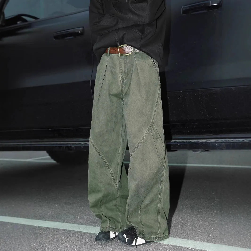Men's straight-cut cotton trousers in black, brown, and apricot colours with striped pattern and pleated detailing