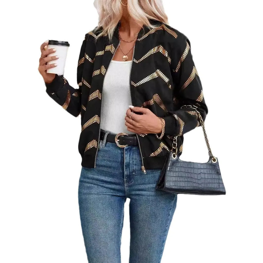Women's black polyester spring jacket with zigzag gold print, conventional long sleeves, front view
