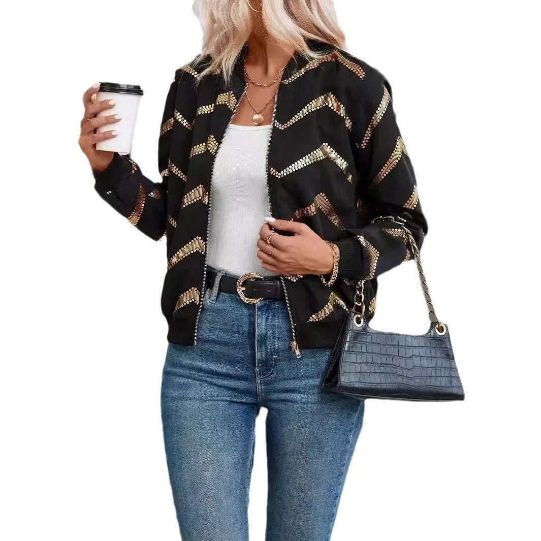 Women's black polyester spring jacket with zigzag gold print, conventional long sleeves, front view