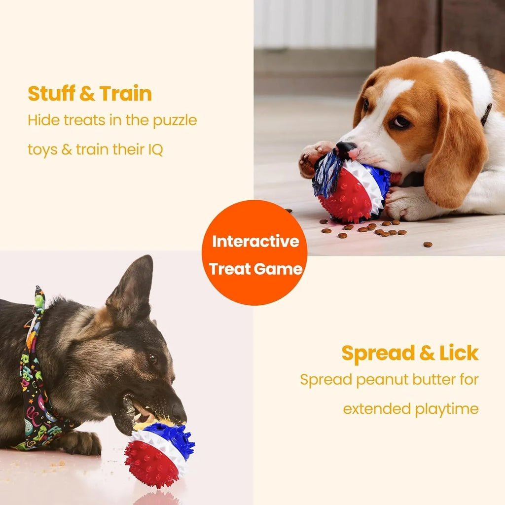 Large blue and red TPR rubber dog ball toy with a rope and treat dispenser hole.