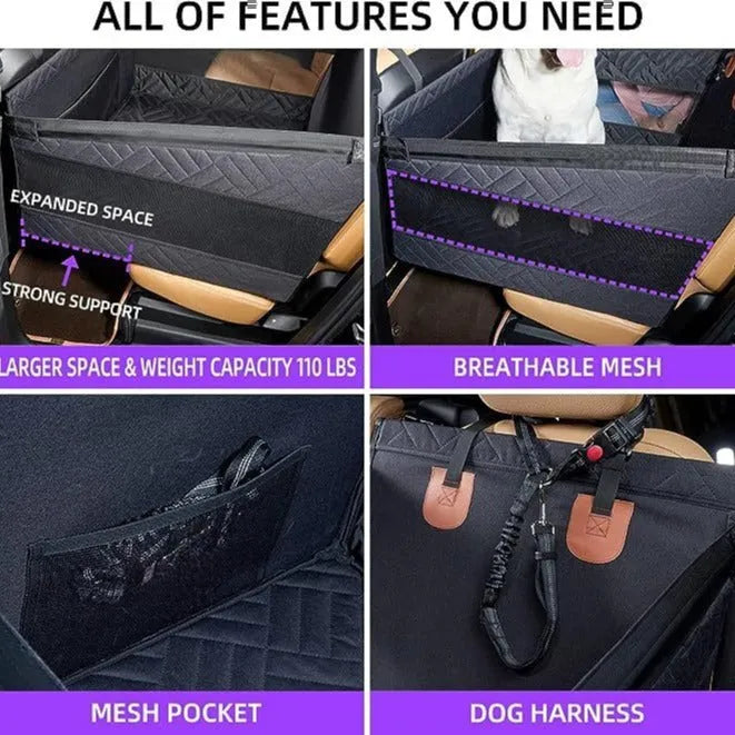 Grey water resistant raised dog bed measuring 56 by 56 by 40 centimetres.