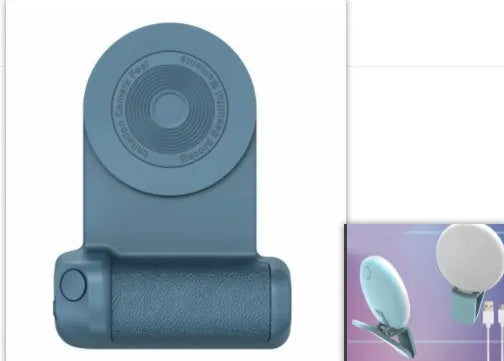 Black magnetic phone camera handle with rotatable design and PU leather grip on wooden table
