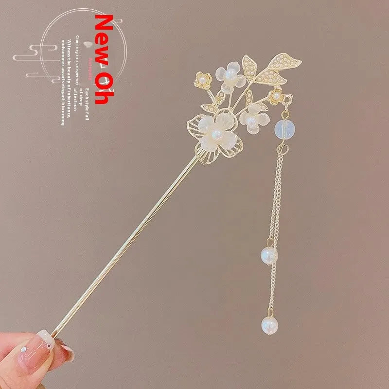Chinese style ebony hairpin with electroplated alloy and floral ancient design