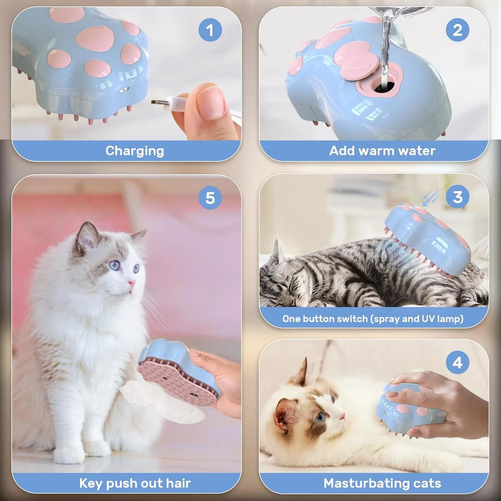 Self-cleaning cat steam brush with silicone head and release button in blue, green or pink