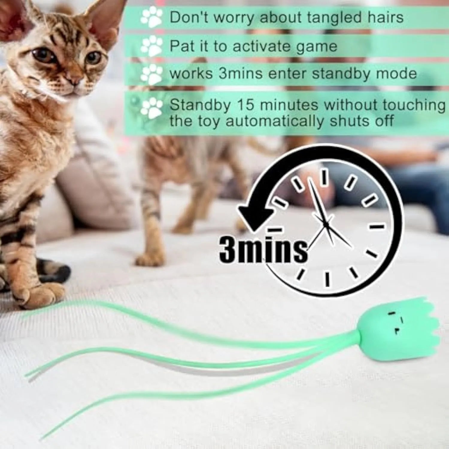 Green automatic cat wand toy with motorised silicone tails swinging, for indoor cat play.
