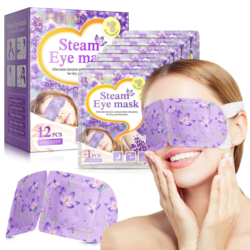 Disposable lavender scented steam eye mask in packaging, 12 pack, non-woven fabric for relaxation.