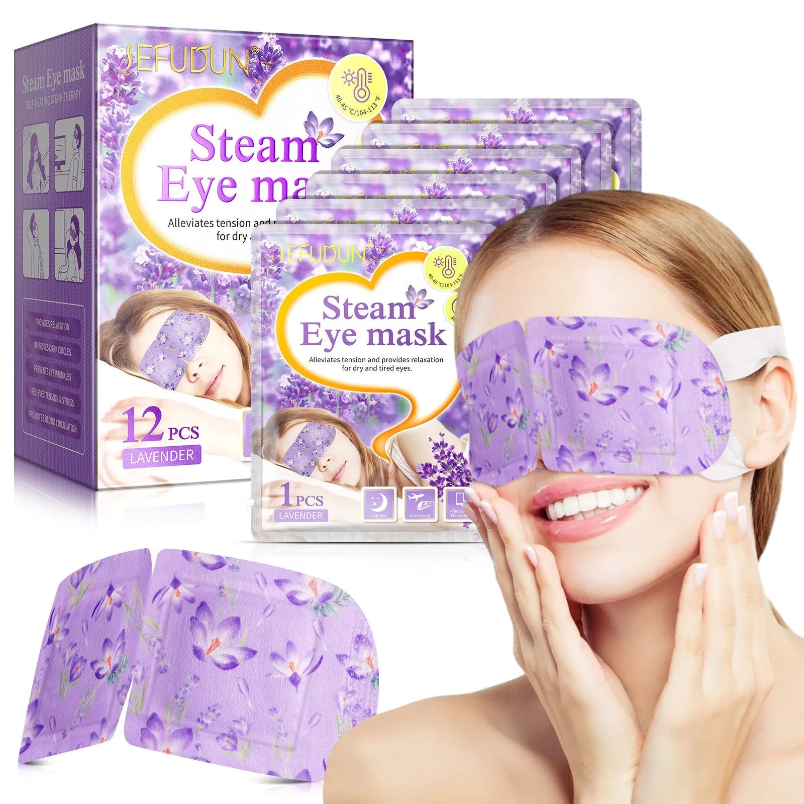 Disposable lavender scented steam eye mask in packaging, 12 pack, non-woven fabric for relaxation.