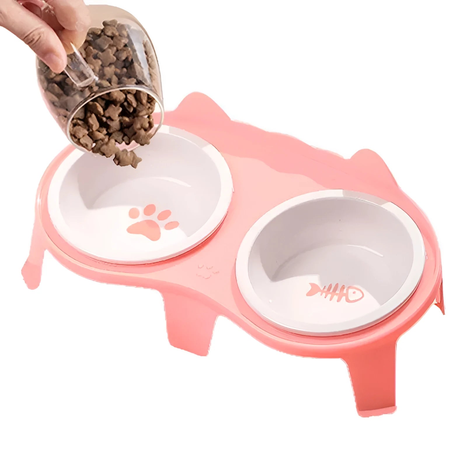 Ceramic cat food and water bowl set with elevated tilted stand in blue, pink, white, or yellow