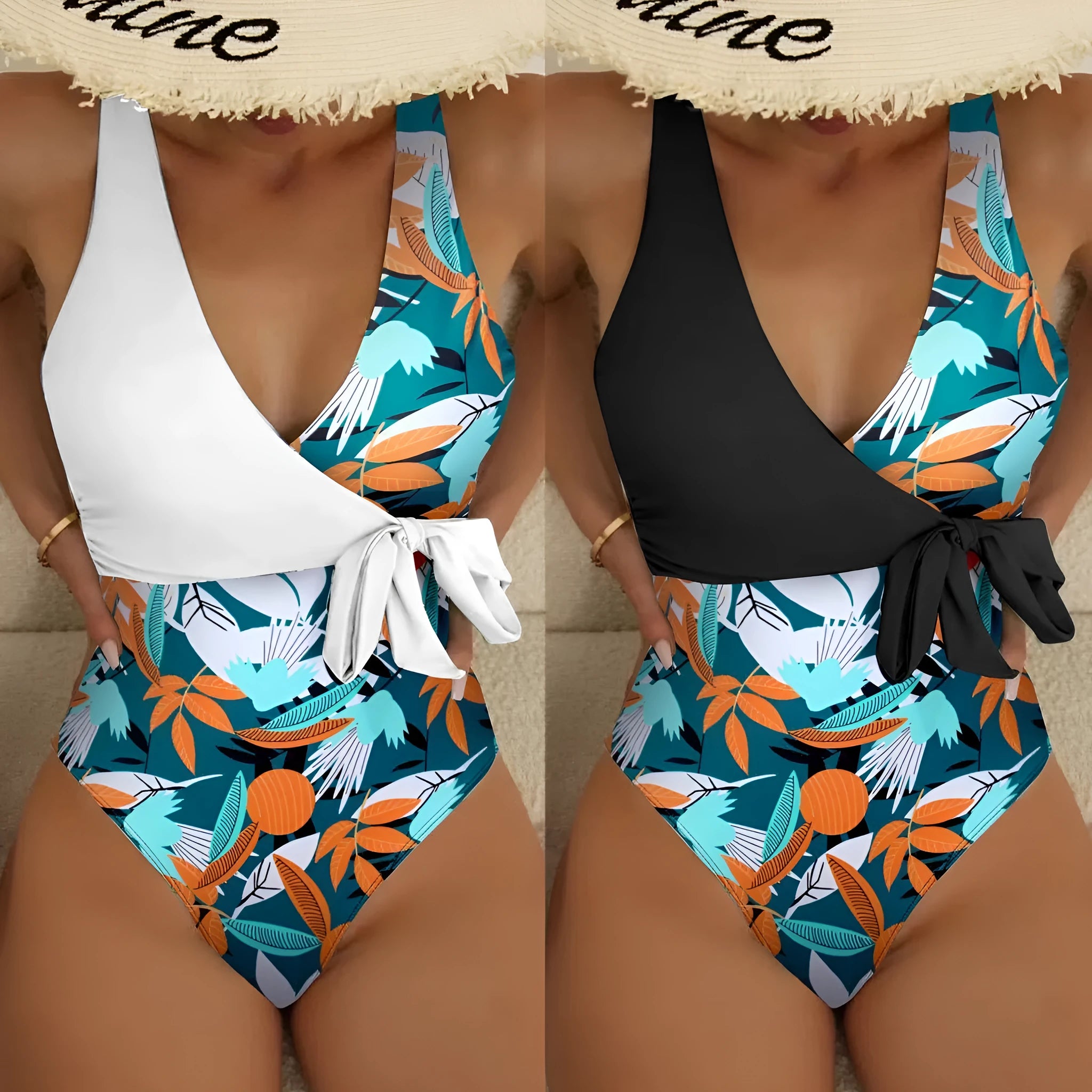 Women's high waist one-piece swimsuit in printed black or white pattern with conservative styling
