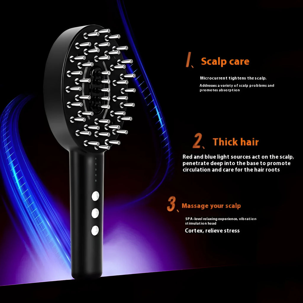 Black handheld scalp massage device with vibration settings and charging cable