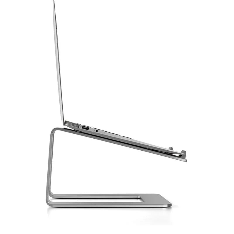 Black aluminium alloy foldable laptop stand with adjustable tilt on desktop